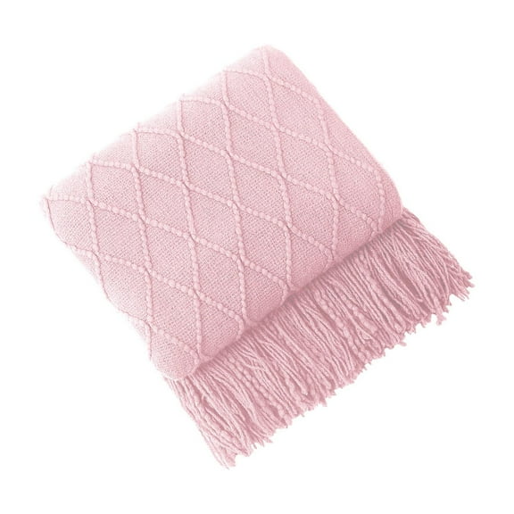Pink Soft Knitted Blanket Fringed Blanket Sofa Blanket Sleeping Blanket 71X51 Inches Diamond Pattern For Bed And Couch