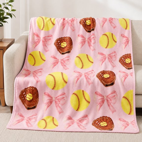 Pink Softball Bow Fleece Throw Blanket, Polyester 280gsm Sports Print