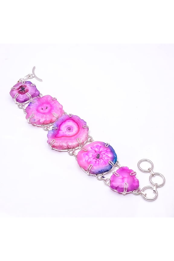 Pink Solar Eye Quartz Drusy 925 Sterling Silver Handmade Bracelet 7.99", Pink Solar Eye Quartz Bracelet B_9478_402_6, New Year Sale, Valentin's Day Gi