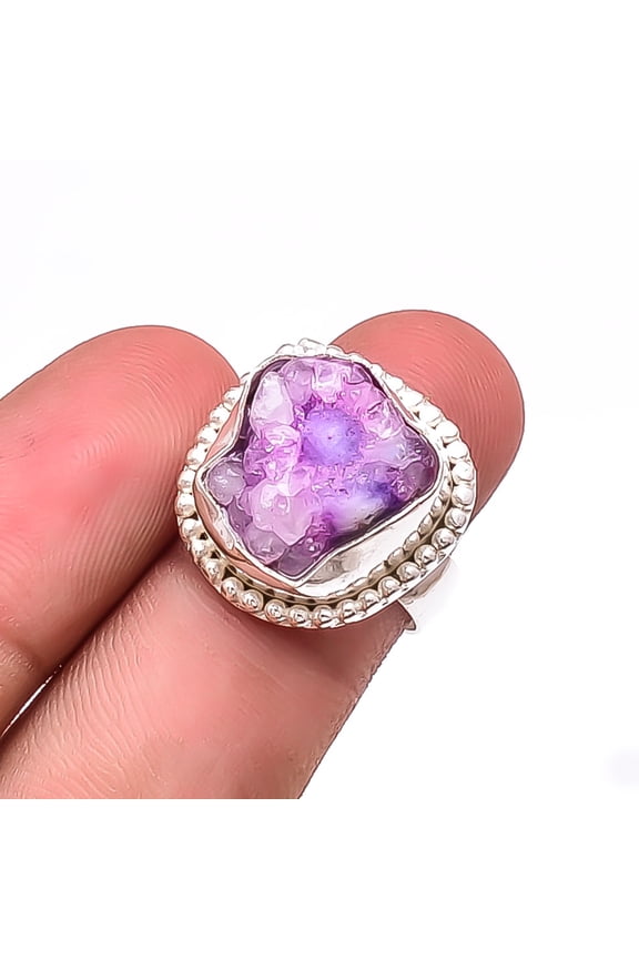 Pink Solar Eye Quartz Drusy Designer Handmade 925 Sterling Silver Ring S.7 R29