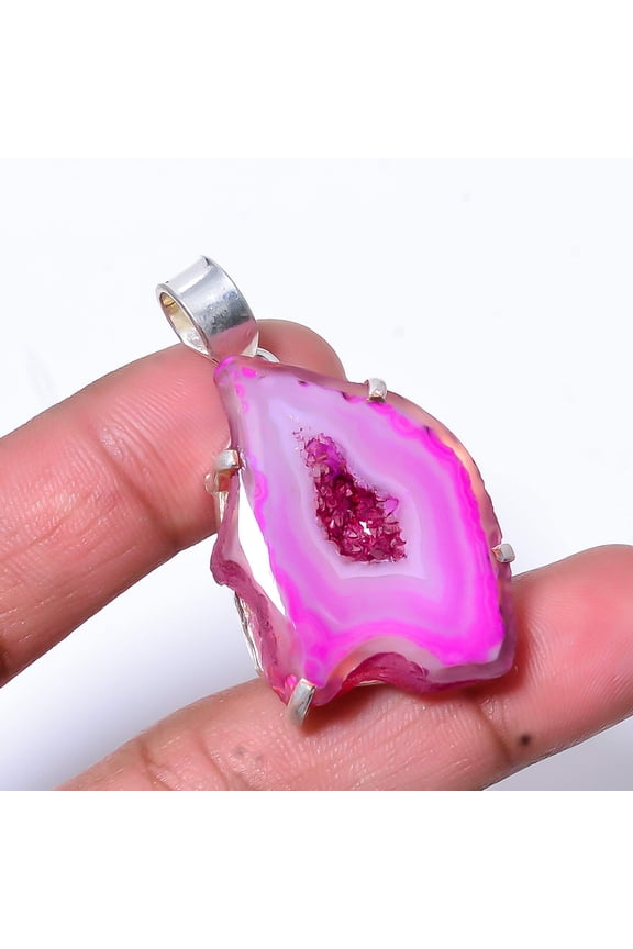 Pink Solar Eye Quartz Drusy Handmade 925 Sterling Silver Pendant 1.64" P136
