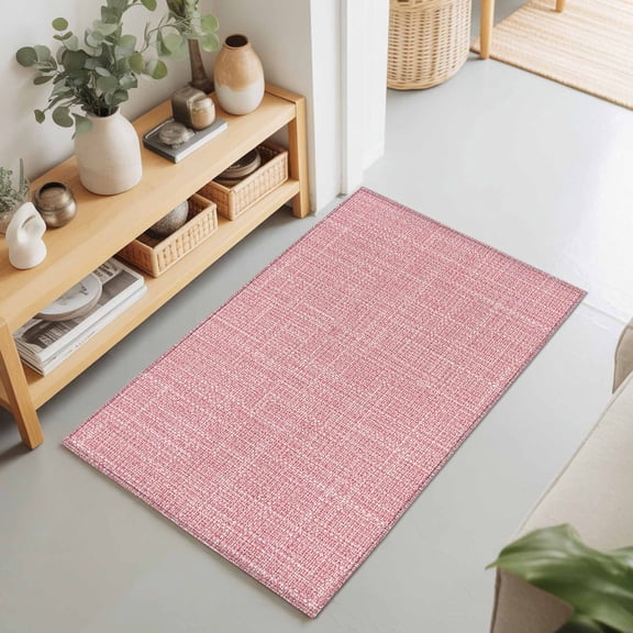 Pink Solid 2'x3' Rug for Entryway Front Door Kitchen Sink Area, Minimalist Cloth Dusty Pink Linen Texture Sweet Romantic Low Pile Washable Non Slip Rectangle Area Rug for Living Room