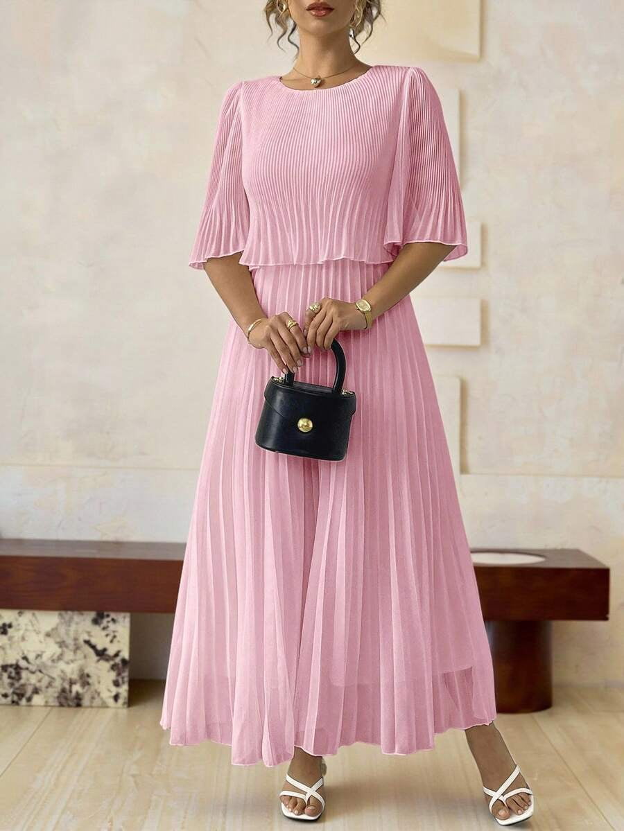 pleated flared maxi dress /// Pink Solid Chiffon Pleated Maxi Dress With Flared Cap Sleeves For Women, Women's, Size: 2XL
