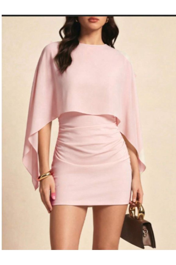 Pink Solid Color Bat Sleeve Ruched Two-Piece Mini Dress For Evening, Date, Vacation And Daily Wear