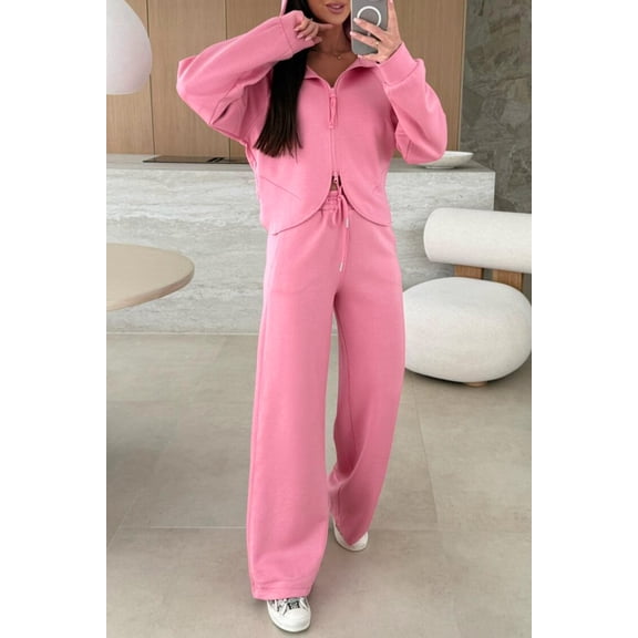Pink Solid Color Zip Up Hoodie Drawstring Loose Pants Set