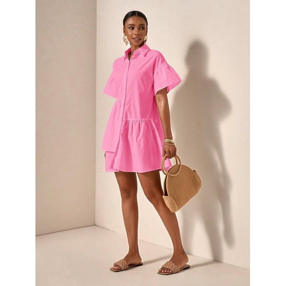 Pink Solid Front Button Ruffle Hem Short Sleeve Shirt Dress For Women