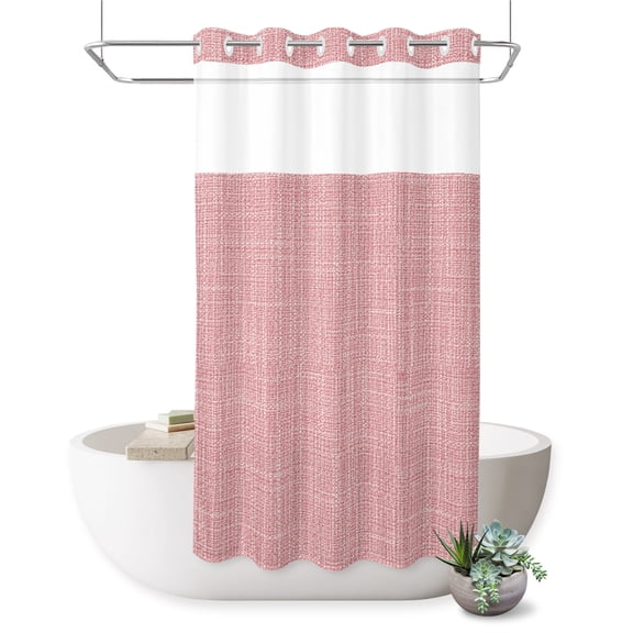 Pink Solid No Hook Shower Curtain Minimalist Cloth Dusty Pink Linen Texture Sweet Romantic Shower Curtain with Mesh Top Window, Waterproof Washable Fabric Curtain for Bathroom Hotel Decor, 36Wx72L