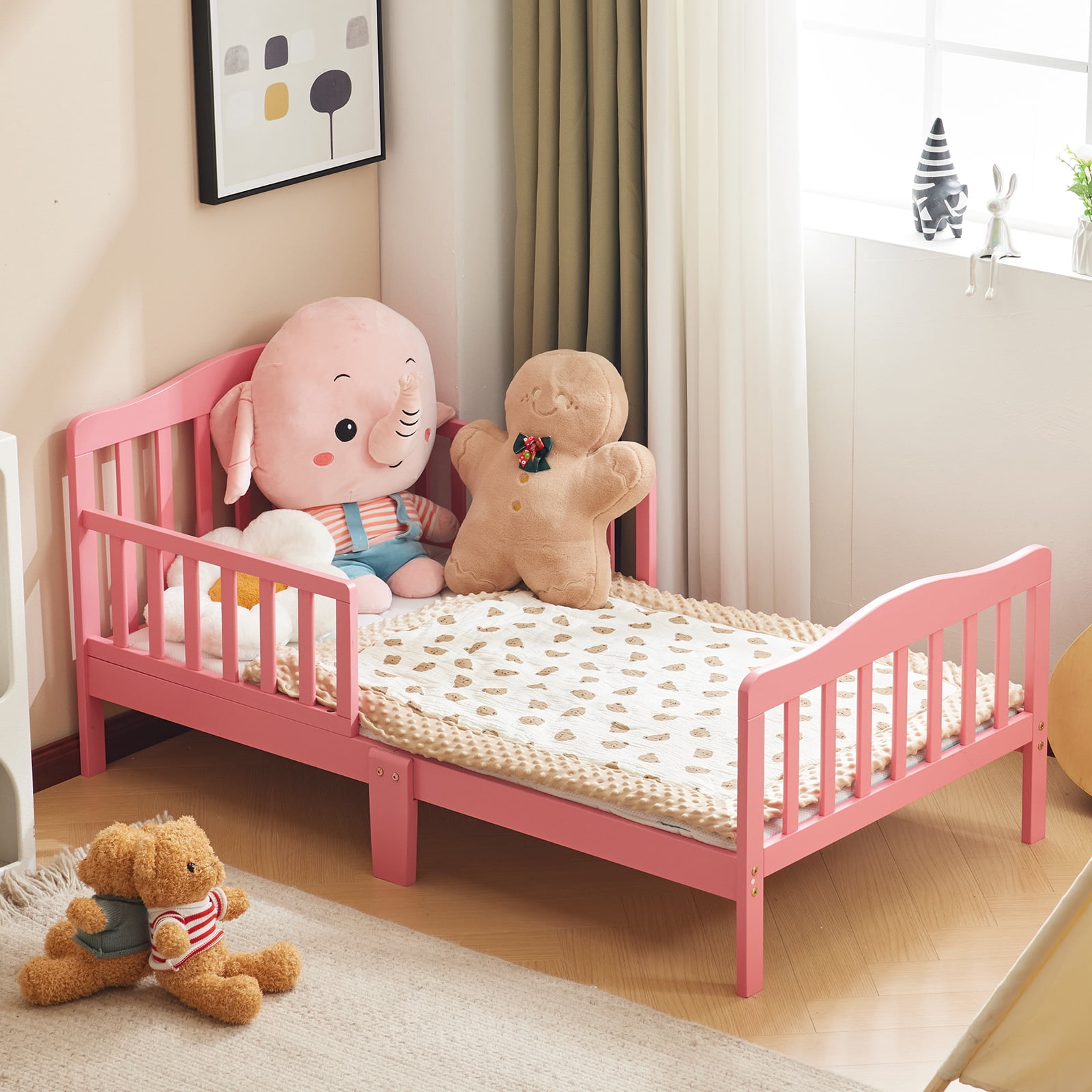 Pink Solid Pine Wood Toddler Daybed with Dual Side Safety Rails Low Profile Kids Transition Bed for Girls Nursery Bedroom