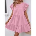 thumbnail image 1 of Pink Solid Ruffle Hem Smock Dress With Flutter Sleeves For Casual Holiday Wear, 1 of 6