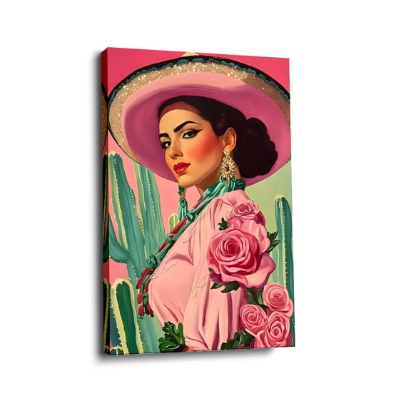 “Pink Sombrero Mexican Woman” Vibrant Canvas Wall Art Ready to Hang for Living Room and Bedroom