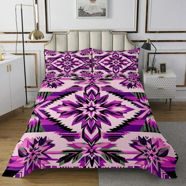 Pink Southwestern Bedspread Set Twin Size,Geometric Bohemian Flower Quilt Set,Exotic Western Bedspread Sets Vintage Coverlet Set