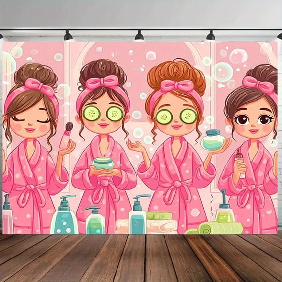 Pink Spa Style Polyester Party Backdrop Banner, Lovely Illustrated Background Cloth for Girl Sleepover, Birthday and Wedding Event, Durable Fabric for Indoor Outdoor Multi-Scenario Decor 82.6x59 Inch