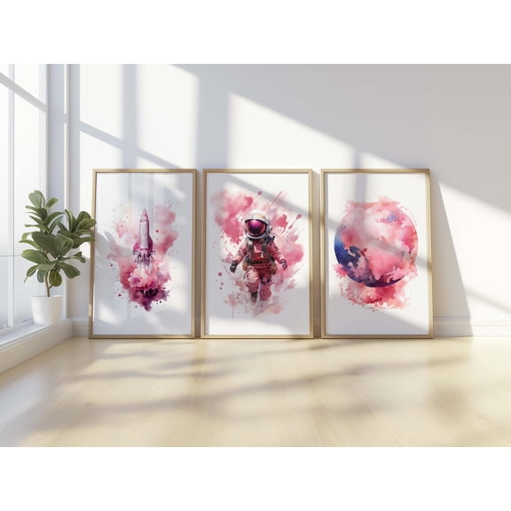 Pink Space Wall Art Rocket Astronaut Planets Kids Decor Set 3 Stretched Canvas 12x18