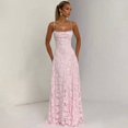 thumbnail image 1 of Pink Spaghetti Strap Square Neck Floral Appliqué Mesh Ruched Waist Flowy Maxi Dress For Formal Evening Party, 1 of 6