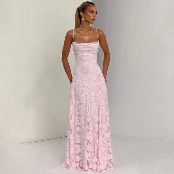 Pink Spaghetti Strap Square Neck Floral Appliqué Mesh Ruched Waist Flowy Maxi Dress For Formal Evening Party