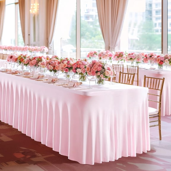 Pink Spandex Tablecloth for 8ft Rectangle Tables, Stretchable Table Cover Skirt for Folding Tables Weddings Parties Banquets Events Trade Shows and Dessert Table
