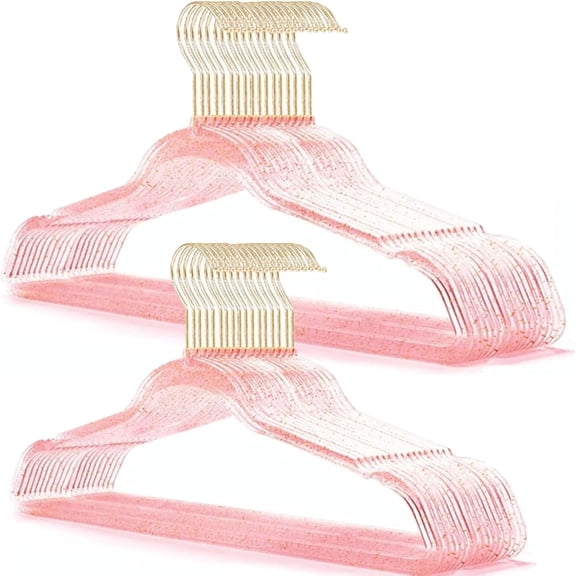 Pink Sparkle Clothes Hangers 16 Inch 40 Pack Plastic with Swivel Hook and Notched Shoulders