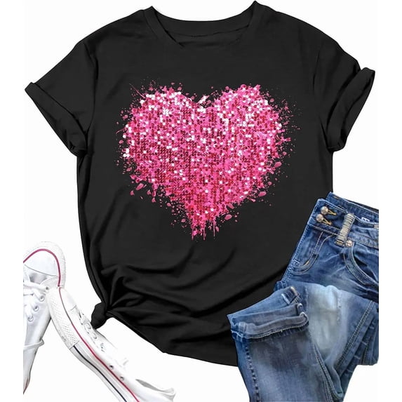 Pink Sparkle Glitter Heart Print for Women Casual Short Sleeve T-Shirt