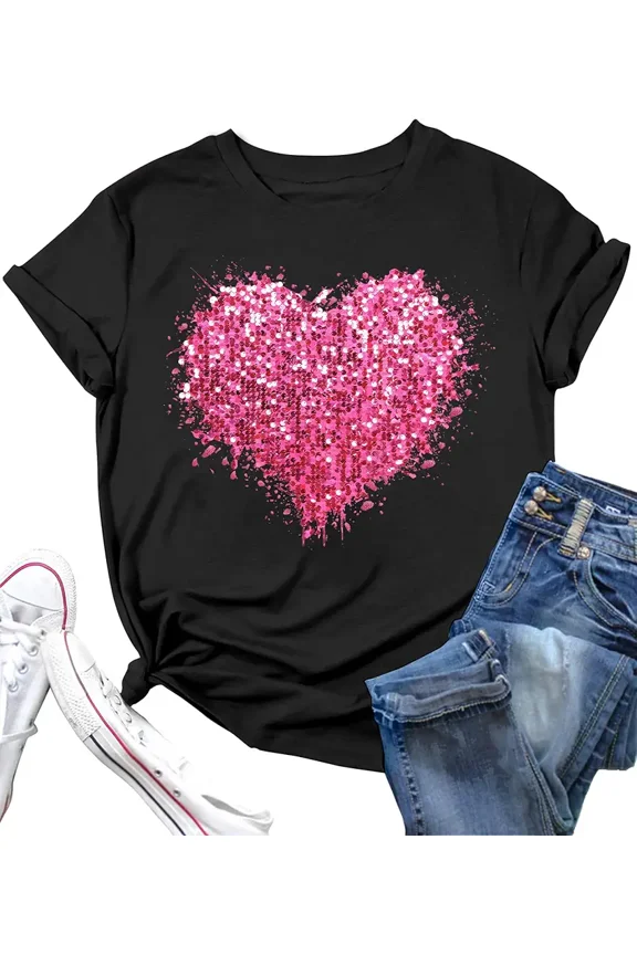 Pink Sparkle Glitter Heart Print for Women Casual Short Sleeve T-Shirt