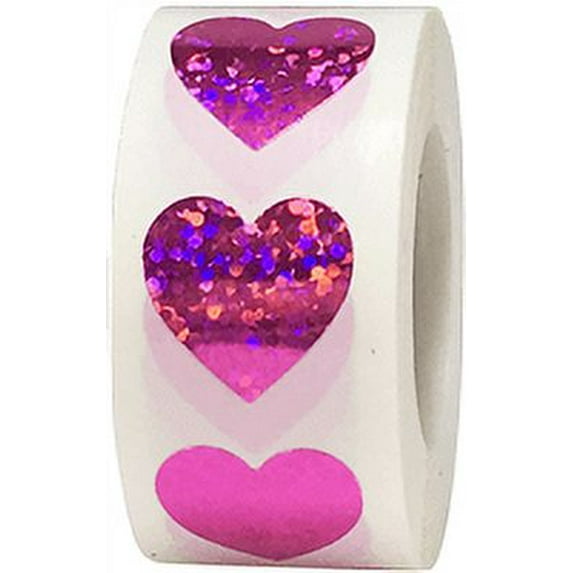 Pink Sparkle Holographic Heart Stickers, 0.75 Inch Wide, 500 Labels on a Roll