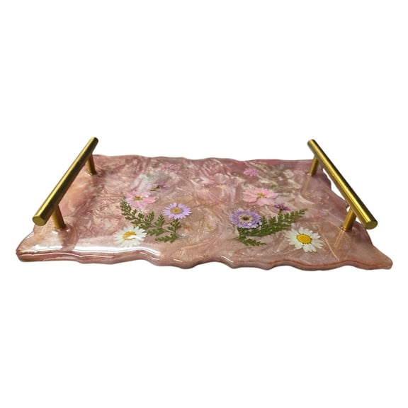 Pink Sparkle Resin Tray with Pressed Flowers Gold Handles | Decorative Serving Tray