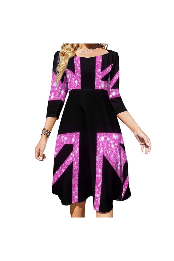 Pink Sparkling Union Jack-1 Women's Fall Dresses Casual Loose Flowy Swing Shift Dress