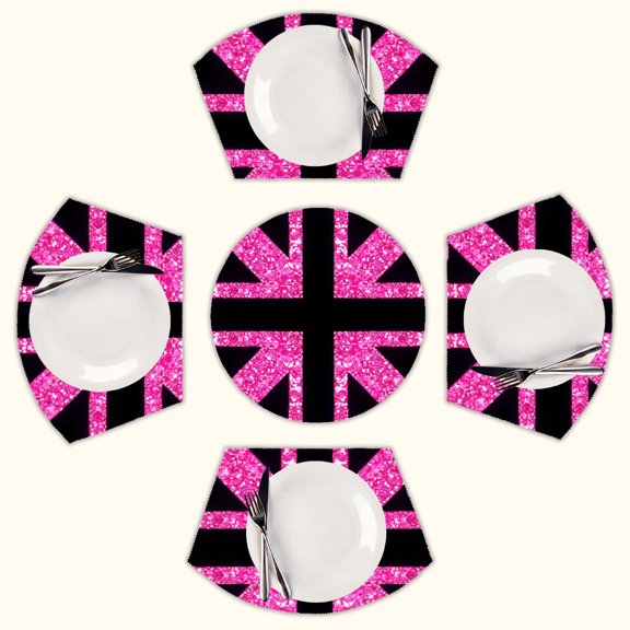 Pink Sparkling Union Jack Round Table Placemats Set Of 5 Wedge Table Mats Washable Heat Resistant Place Mat For Dining Table Kitchen Farmhouse Restaurant