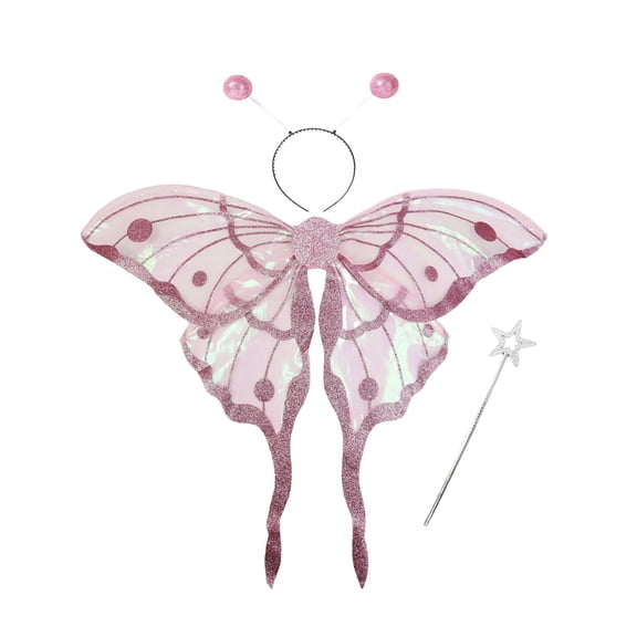 Pink Sparkly Fairy Wings for Costume Party Dress Up, Elastic Shoulder Strap Wings for Adults, 3-Piece Fantasy Accessories Set with Magic Wand and Headband