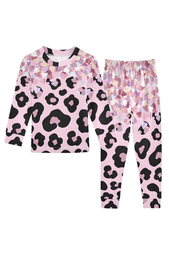 Pink Sparkly Glitter Leopard Cotton Pajamas 2 Piece Set Sleepwear Soft and Comfortable Homewear Nightwear