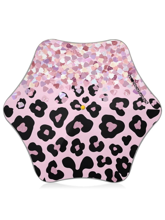 Pink Sparkly Glitter Leopard Kids Umbrella Rain Umbrella Clear Grip Handle Folding Umbrellas UV50+ 35in