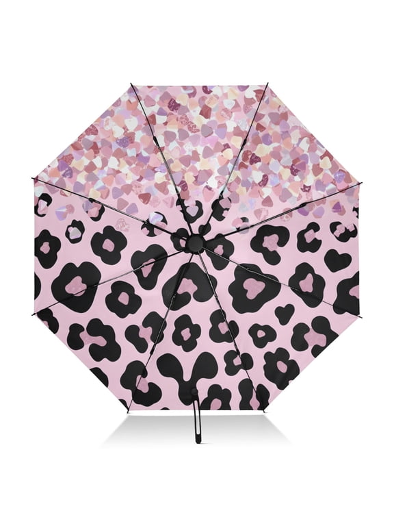 Pink Sparkly Glitter Leopard Umbrella Folding Sun Umbrella Travel Auto Open Close Large UV50+ 40in
