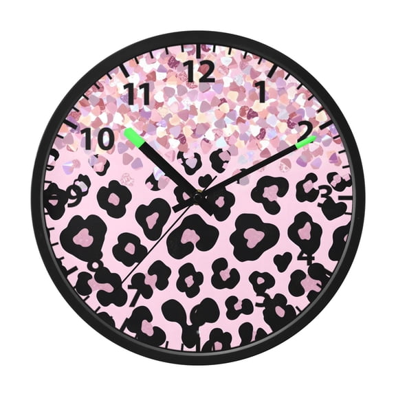 Pink Sparkly Glitter Leopard Wall Clock 12 Inch Voice Activated Night Light Silent Non Ticking