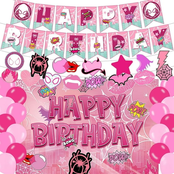Pink Spider Birthday Party Supplies,Super Girl Hero Party Favors,Spider Pink Ghost Party Decorations Include Banners, Backdrop, Balloons for Boys Girls Birthday Party Decoration