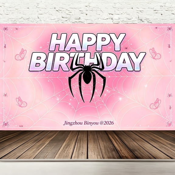 Pink Spider Happy Birthday Backdrop 71" x 43", Superhero Girl Spider Web Birthday Party Decorations Banner for Kids Girls, Spider Hero Background with Grommets & String