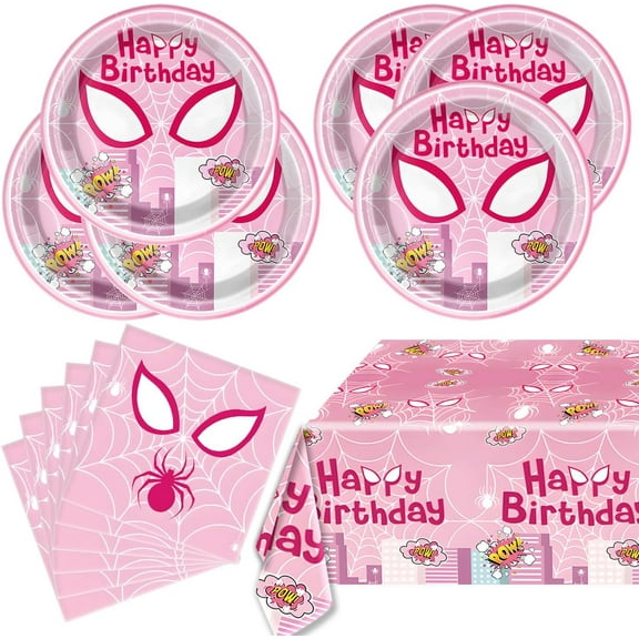 Pink Spider Mask Party Decorations 41 Pieces Cartoon Theme Disposable Tableware Set Includes 20 Spider Mask Paper Plates, 20 Paper Towels, 1 Waterproof Cartoon Character Tablecloth