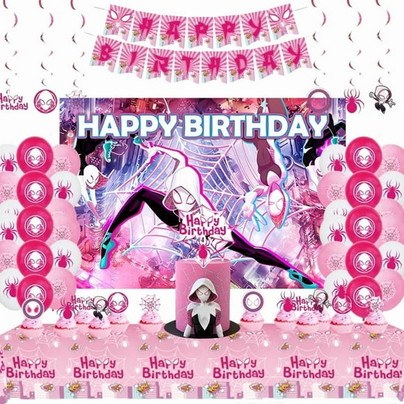 Pink Spider Theme Cartoon Birthday Supplies Party Decorations Favors, Including Backdrop, Birthday Banner, Balloons, Tablecloth, Hanging Swirls, Cake Toppers for Cartoon Party