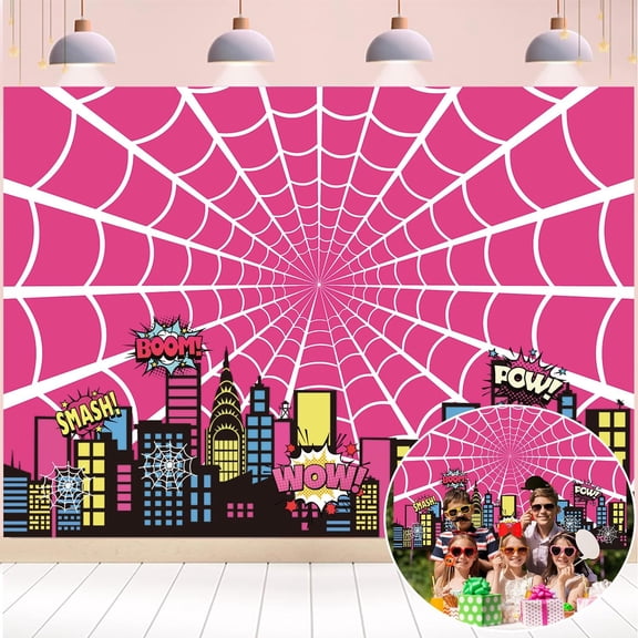 Pink Spider Web Backdrop 7x5FT Cartoon City Super Heros Cityscape Photography Background Boys Birthday Party Cake Table Decorations Photo Props