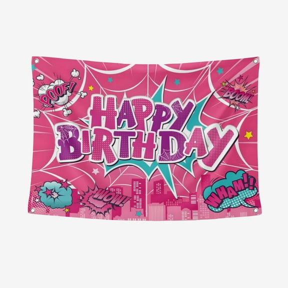 Pink Spider Web Banner Background Backdrop Pink Spider Web Happy Birthday Party Banner 5*3FT Large Size Party Supplies