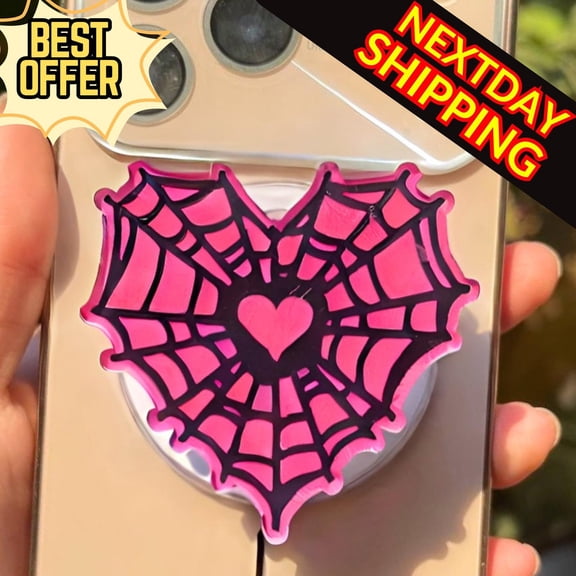 Pink Spider Web Heart MagSafe Phone Grip: Spooky Cute Valentine Magnetic PopSocket, Goth Spiderweb Phone Holder, Fall & Halloween Accessory