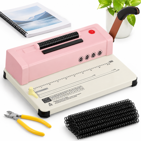 Pink Spiral Coil Binding Machine with Electric Coil Inserter for A4, A5, Letter Size Documents