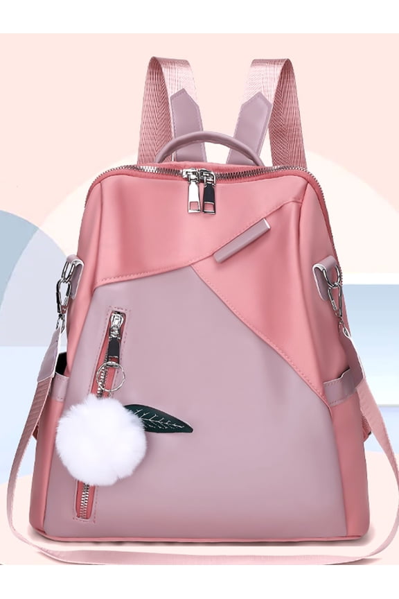 Pink Splice Nylon Fashion Backpack With Pom-Pom Charm And Zippered Pockets