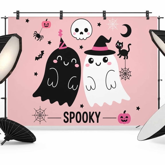 Pink Spooky Halloween Backdrop for Photoshoot,Photography Photo Studio Background Wall Backdrop,Funny Ghost Skeleton Black Cat Back Drop Banner Panel for Portraits Wedding Party Live Streaming 7x5Ft