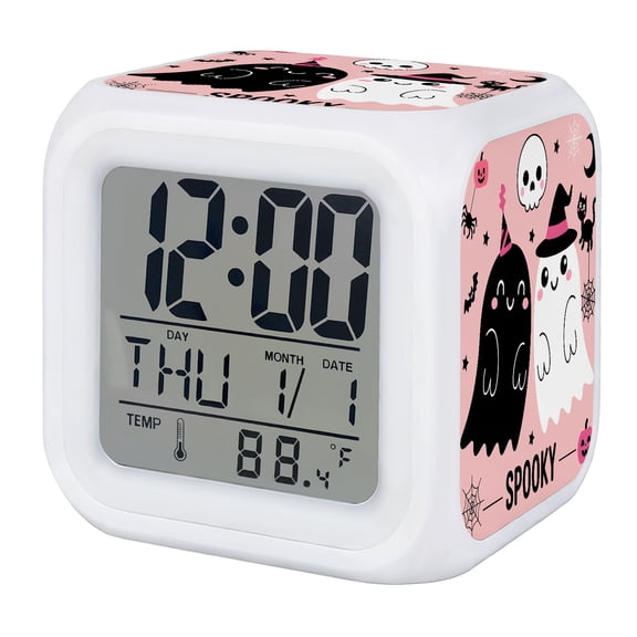 Pink Spooky Halloween Digital Alarm Clock for Bedrooms, Smart LED Alarm Clock with 7 Color Changing Night Light, Funny Ghost Skeleton Black Cat Silent Wake Up Clocks for Sleep Study Cooking 3.2"x3.2"