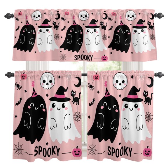Pink Spooky Halloween Kitchen Curtains, Kitchen Curtains and Valances Set of 3, Funny Ghost Skeleton Black Cat Light Filtering Tailored Tier Curtain 24 Inch Length Drapes for Cafe Sink Bedroom