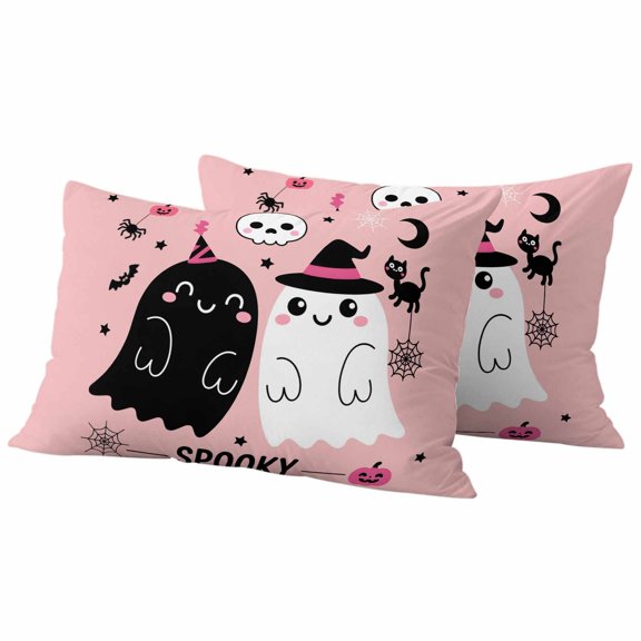 Pink Spooky Halloween Outdoor Waterproof Pillow Covers, Funny Ghost Skeleton Black Cat Decorative Rectangle Throw Pillowcase Sofa Cushion Sham for Patio/Couch/Chair, 20"x12" 2 Pack
