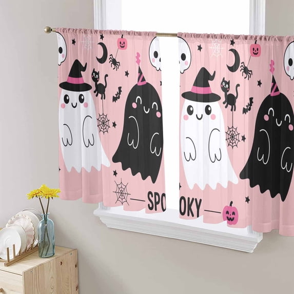 Pink Spooky Halloween Sheer Curtains 45 Inch Length 2 Panels Set, Semi Transparent Voile Rod Pocket Curtains for Living Dining Room Bedroom Drapes Funny Ghost Skeleton Black Cat