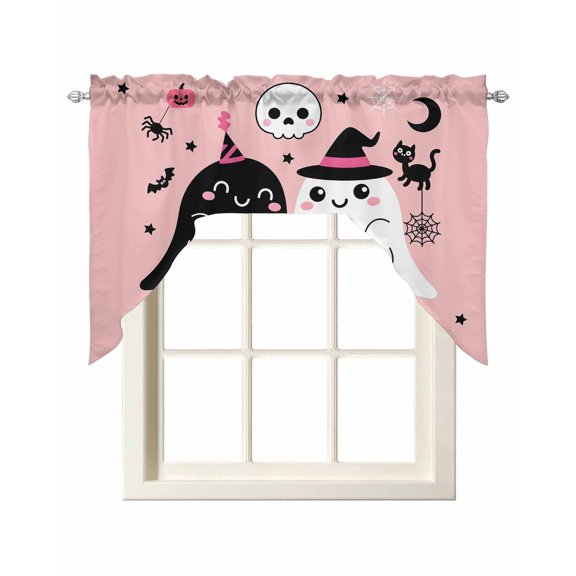 Pink Spooky Halloween Swag Valances for Windows, Small Curtains Drapes, Funny Ghost Skeleton Black Cat Kitchen Window Curtains Over Sink Window Treatment Valance for Bedroom/Bathroom 56"x36"