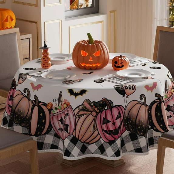Pink Spooky Pumpkin Boo Halloween Tablecloth Round Washable Table Covers for Indoor Outdoor Dining Home Party Decorations Table Cloth 70x70 Inch