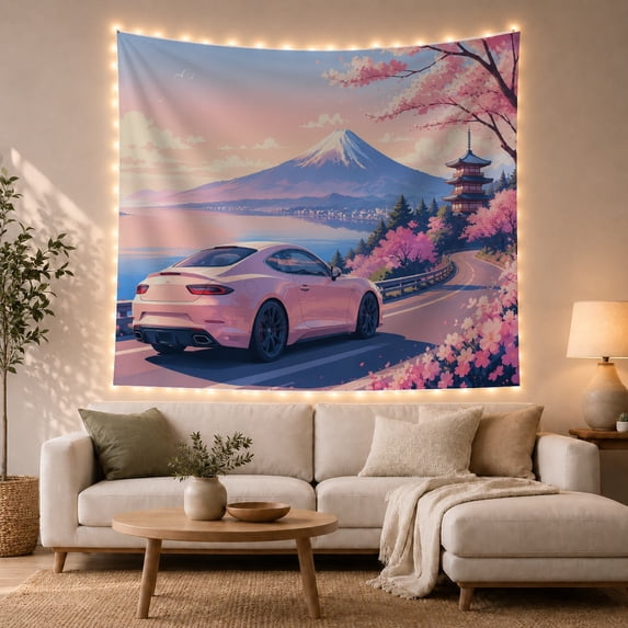 Pink Sports Car Pagoda and Mountain in Pastel Landscape, Nostalgic Japanese Inspired Art for Car Lovers, Aesthetic Wall Decor, Housewarming Gift, Tapestry Wall Hanging for Bedroom and Living Room