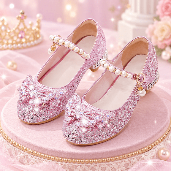 Pink Sprakly Princess Mary Jane Shoes for Girls Size 2, Kids Low Heel Dress Shoes with Bow and Pearl Strap